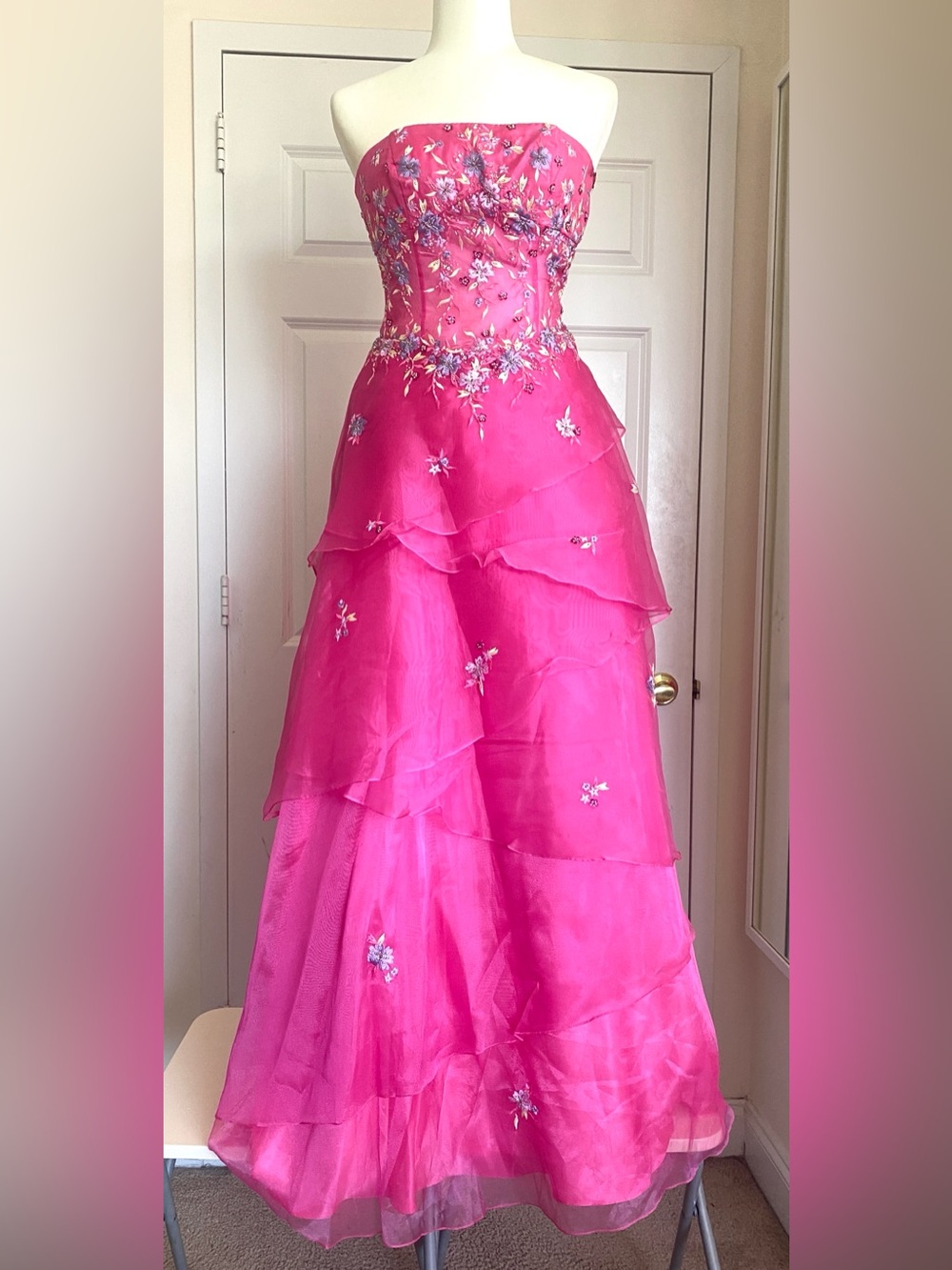 Strapless Fuschia Evening Gown with Embroidered Bodice - Picture 4 of 13